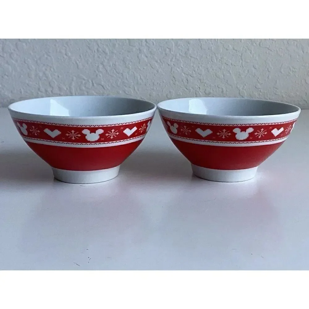 Set Of 2 Disney Mickey And Minnie Mouse Christmas Ceramic Cereal‎ Ramen Bowl NEW